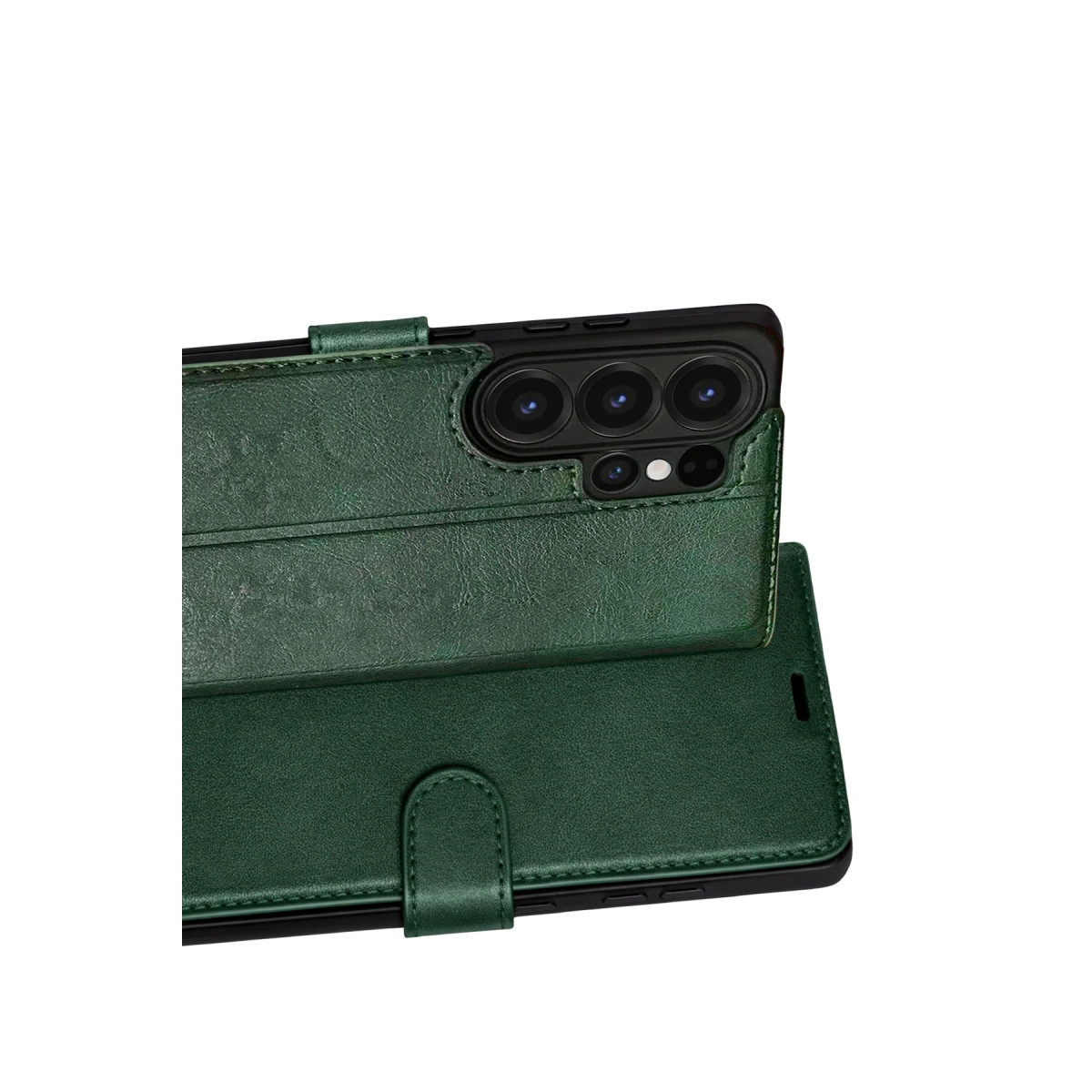 Kamera korumalı ve stantlı yeşil telefon kılıfı beyaz arka planda.