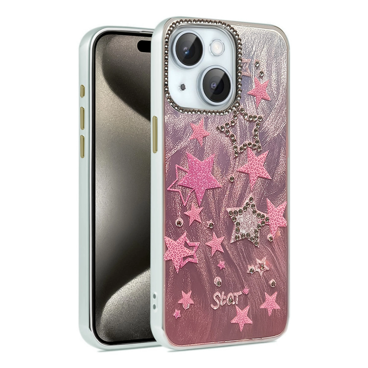 Parlak yıldızlar ve taşlarla süslenmiş açık pembe iPhone kılıfı.