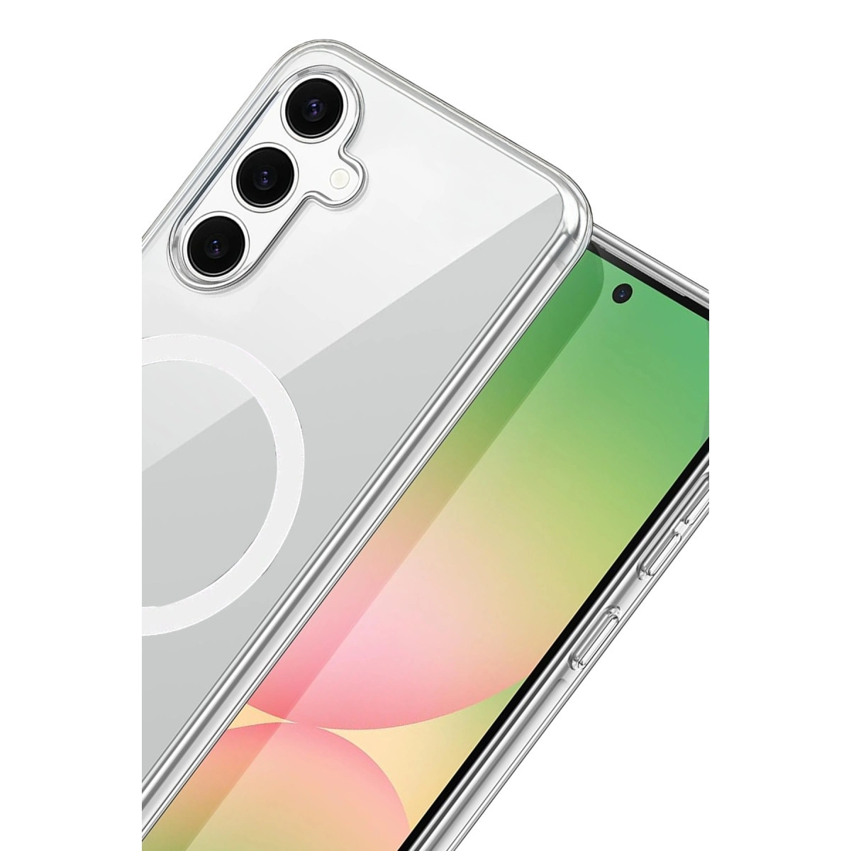 Üç kameralı ve manyetik halkalı şeffaf telefon kılıfı. Ekran yeşil ve pembe geçiş gösteriyor.