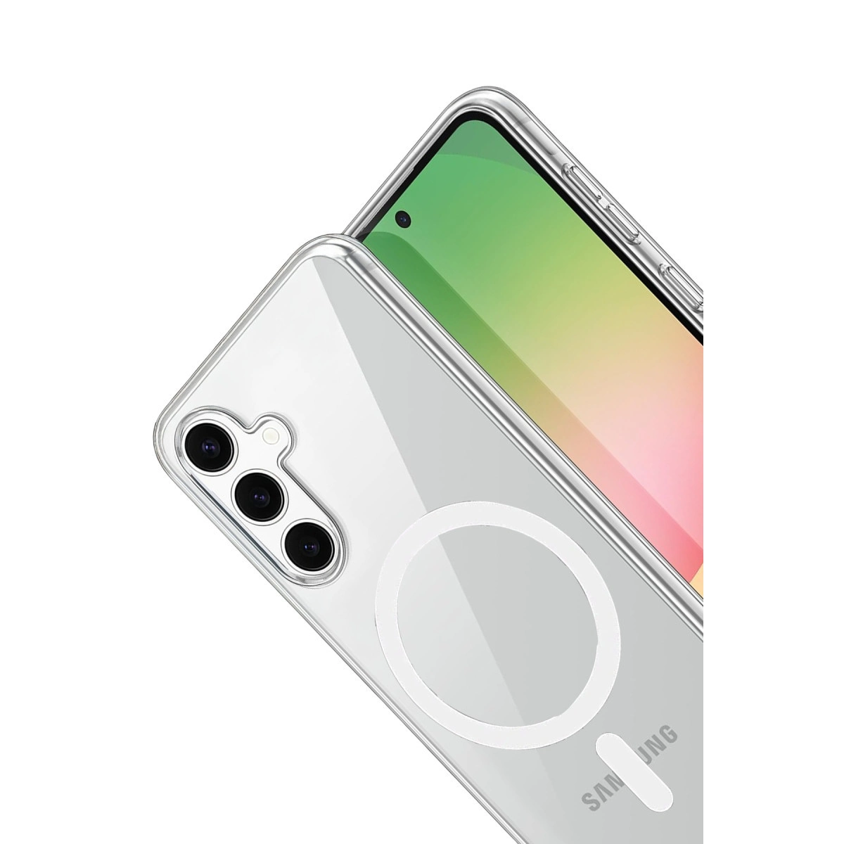 Üç kameralı ve MagSafe halkalı şeffaf telefon kılıfı.