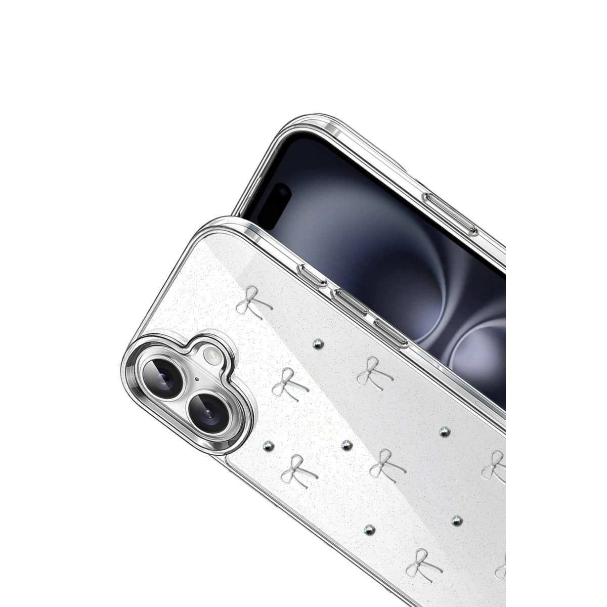 Fiyonk desenli ve sim detaylı şeffaf telefon kılıfı.