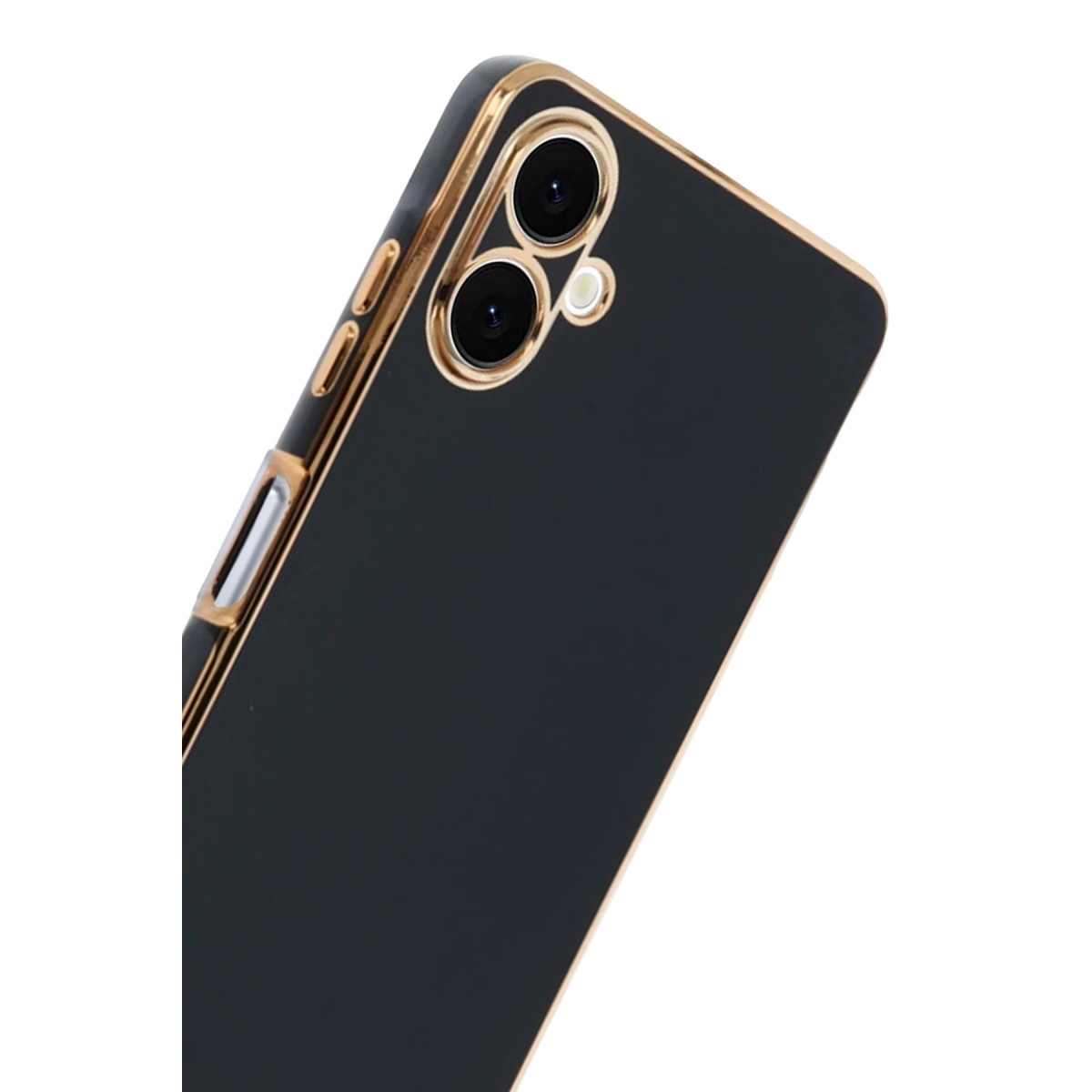 Altın çerçeveli ve iki kamera lensli siyah telefon kılıfı.