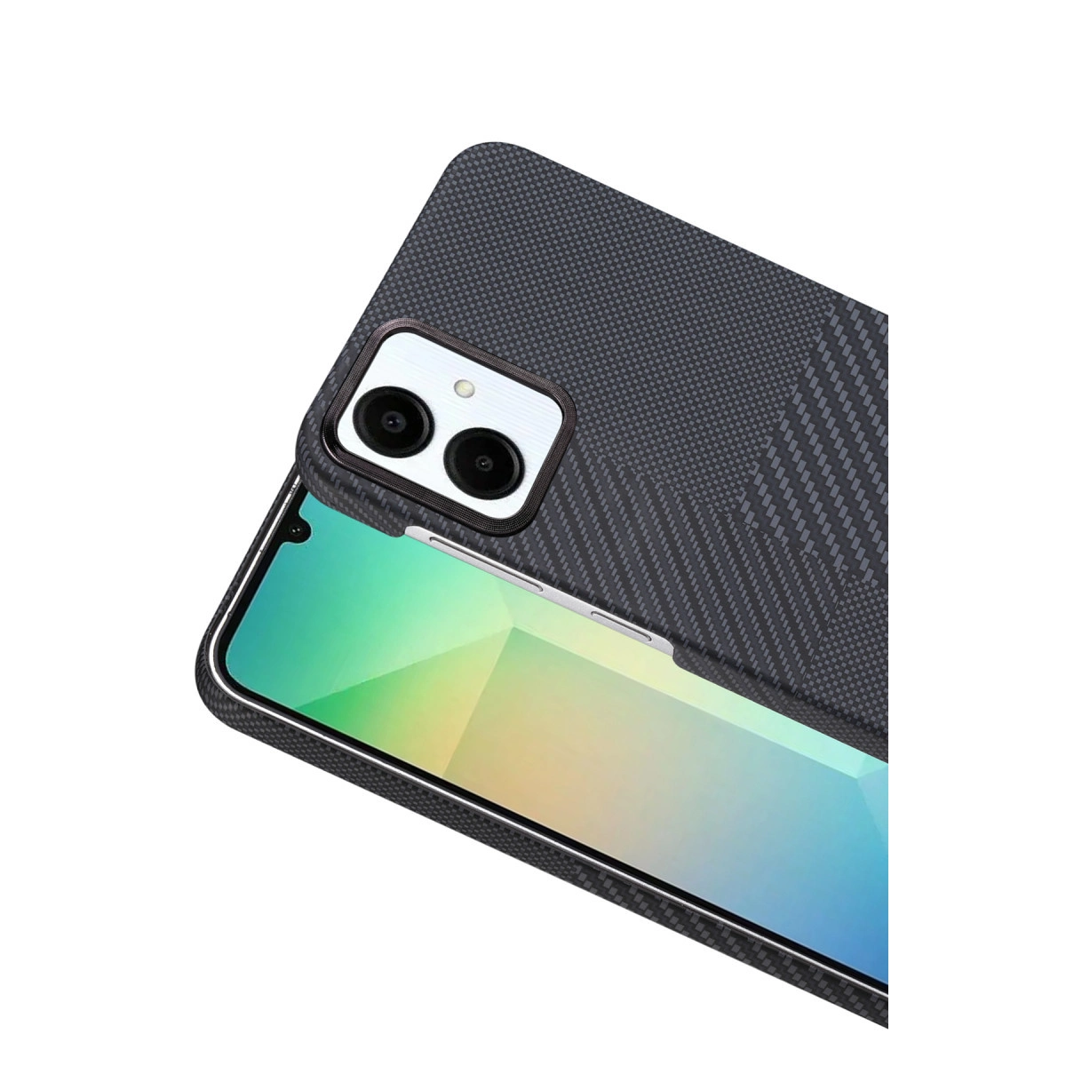 Kamera lensli siyah karbon fiber telefon kılıfının arkası.