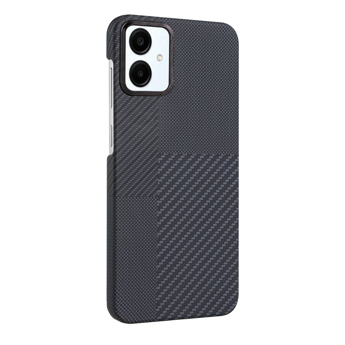 Karbon fiber desenli, çift kameralı koyu gri telefon.