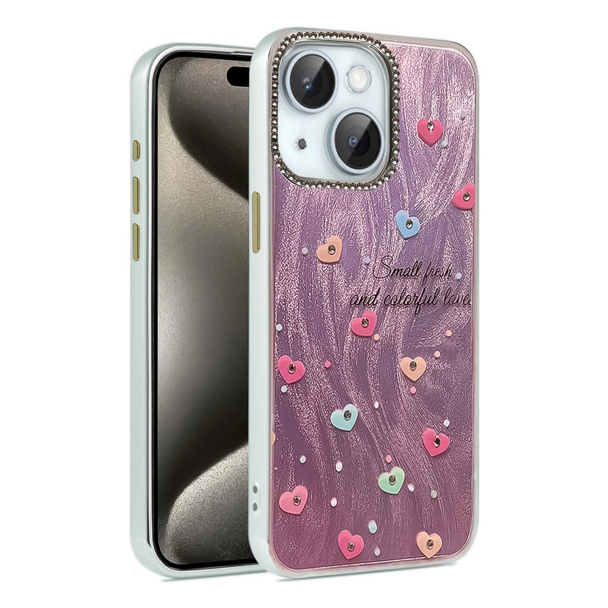 Kalpli ve simli mor telefon kılıfı. Yazı: 'Small fresh and colorful love'.
