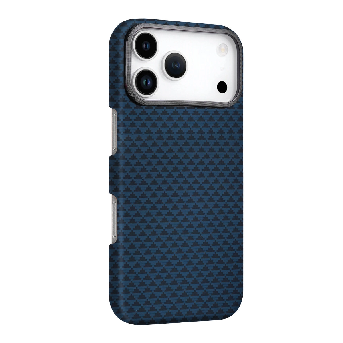 Geometrik desenli, koyu mavi telefon kılıfı ve kamera lens grubu.