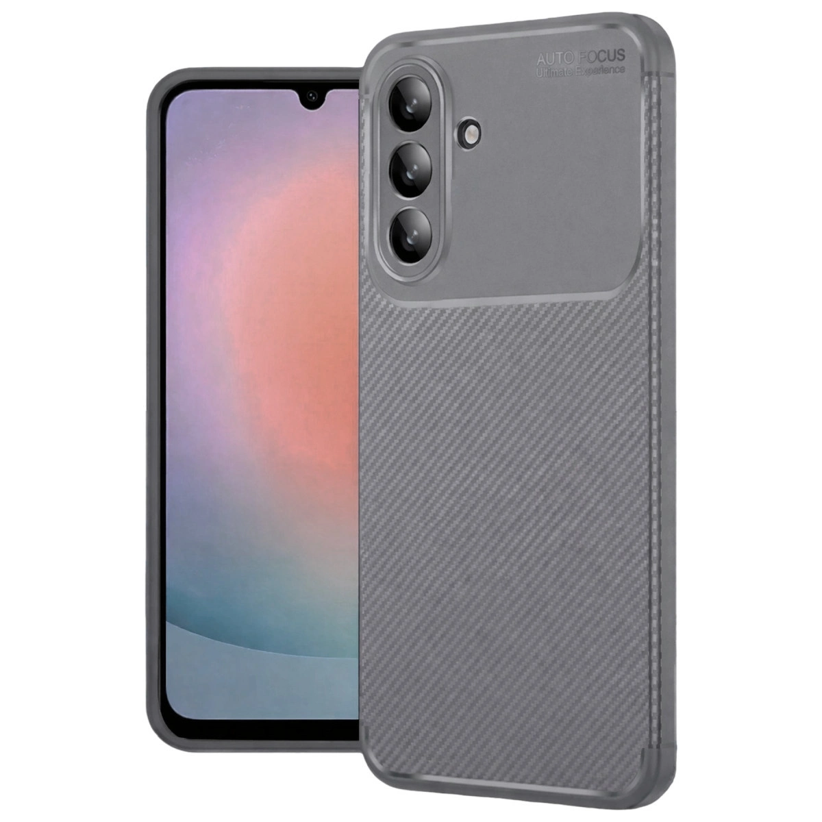 Karbon fiber dokulu, üçlü kamera modüllü gri telefon kılıfı.