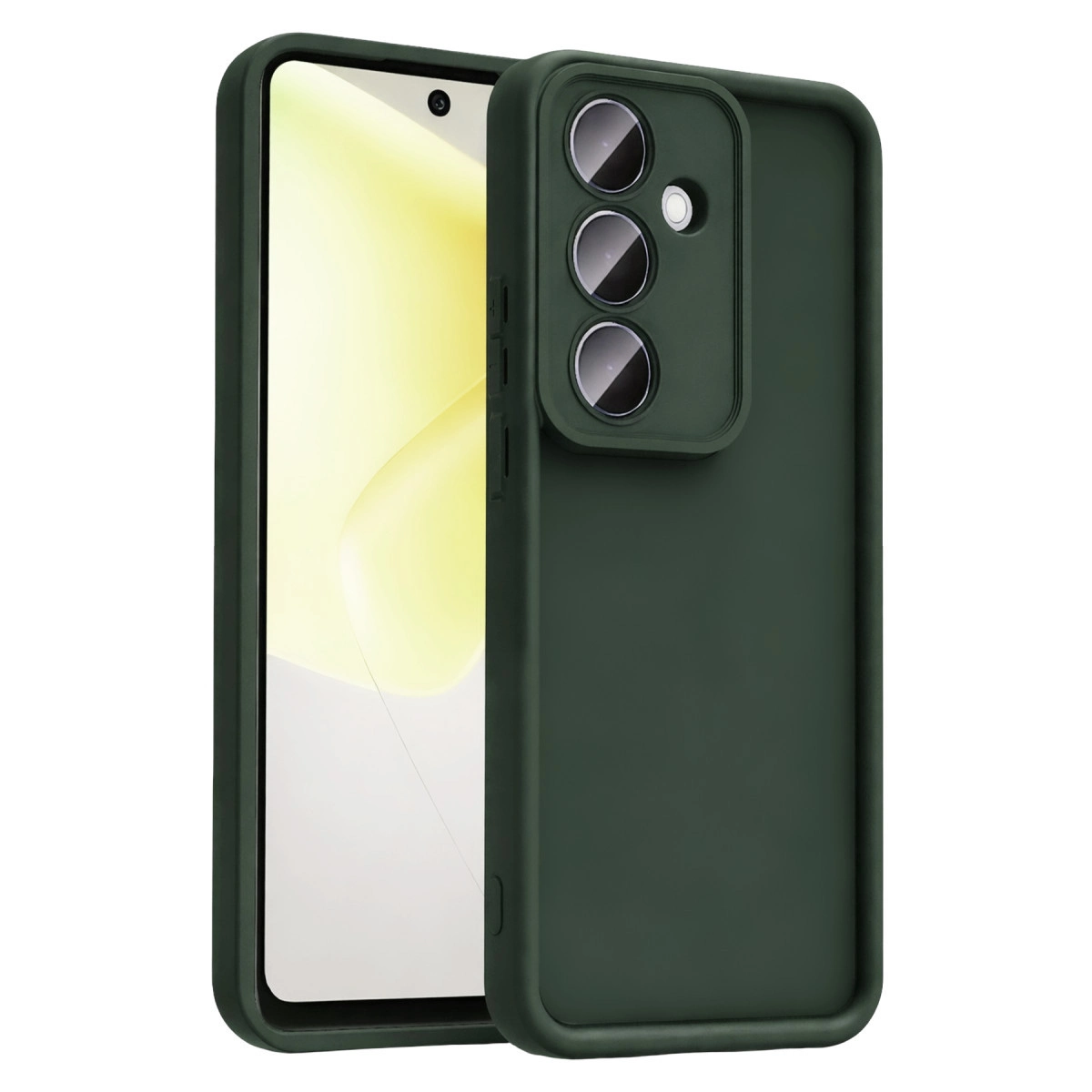 Koyu yeşil telefon, üçlü kamera kapağı ve parlak ekran.
