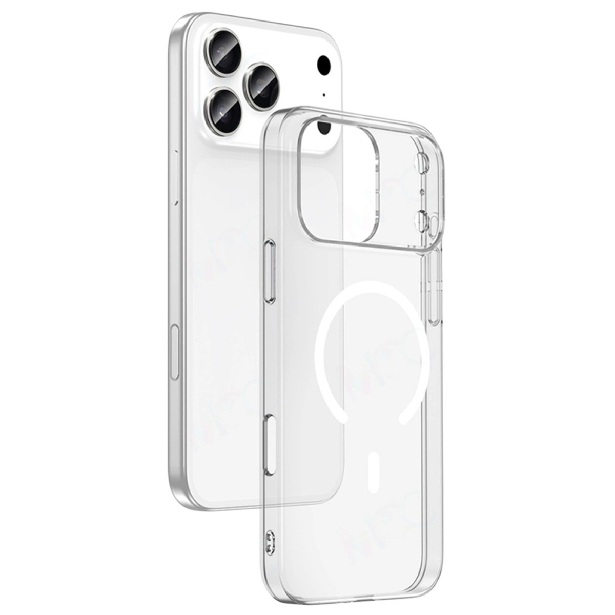 Şeffaf telefon kılıfı beyaz bir telefonun yanında duruyor.