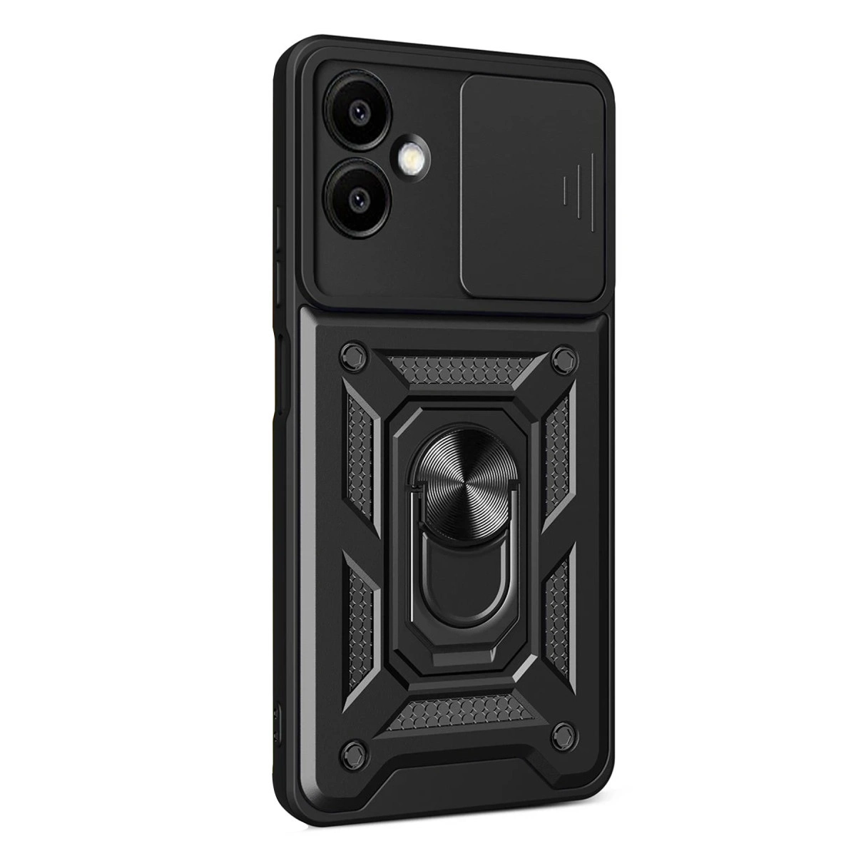 Kamera sürgülü ve halka tutuculu siyah telefon kılıfı.
