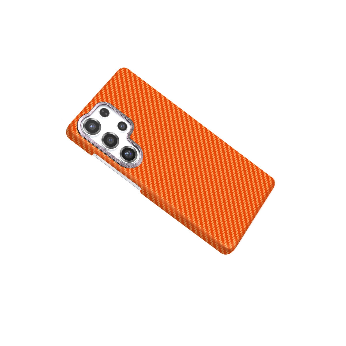 Karbon fiber desenli ve kamera kesimli turuncu telefon kılıfı.