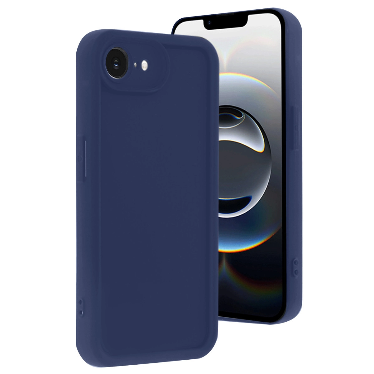 Koyu mavi telefon kılıfı, akıllı telefonun yanında. Beyaz arka plan.