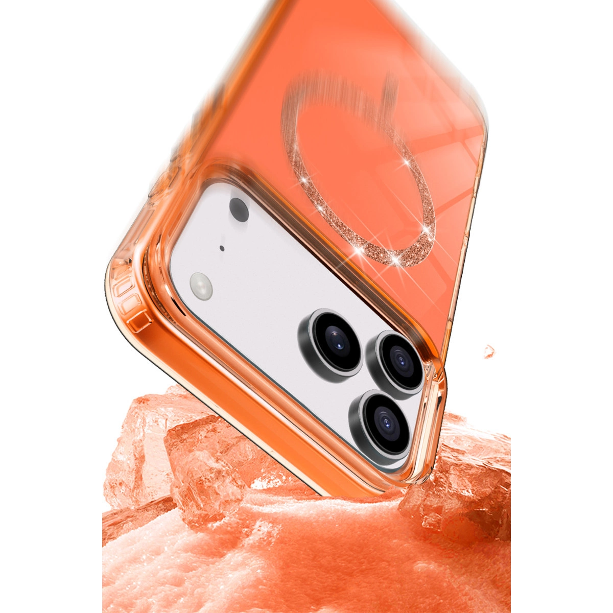 Buz parçaları üzerinde kalp simli turuncu telefon kılıfı.