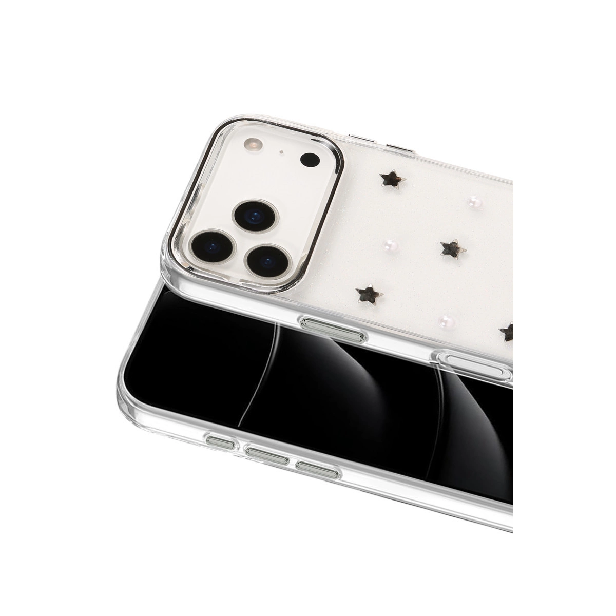 Telefon üzerinde yıldızlar ve inciler olan şeffaf telefon kılıfı.