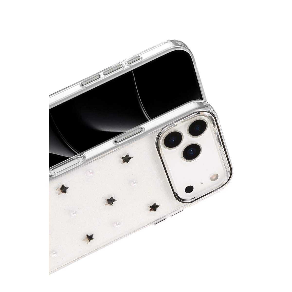 Yıldızlar ve incilerle şeffaf telefon kılıfı, kamera modülü görünür.