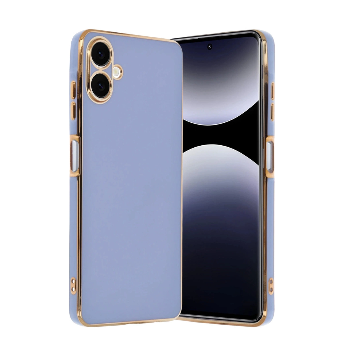 Altın aksanlı açık mavi telefon kılıfı bir akıllı telefonun yanında duruyor.