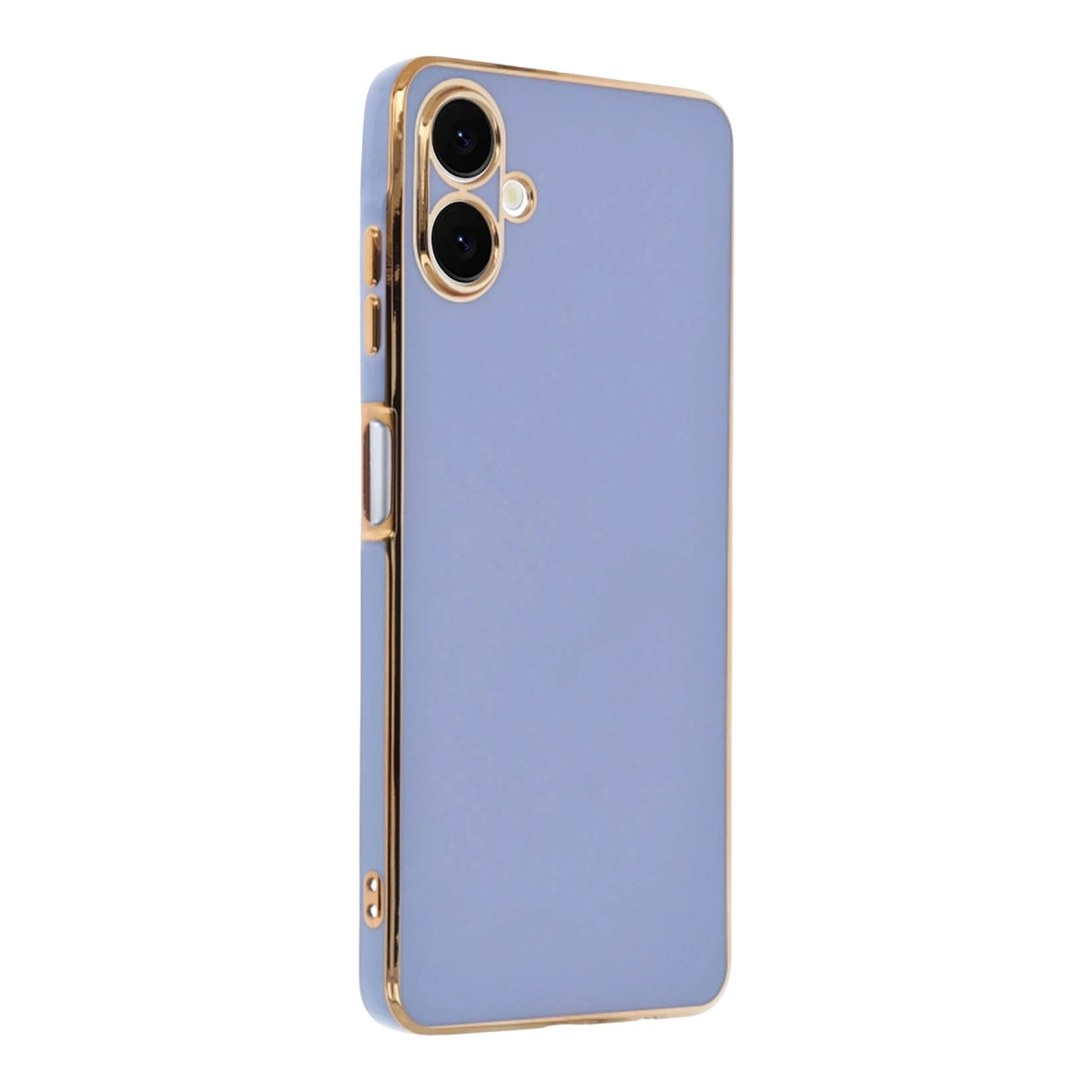 Altın kenarlı ve iki kamera lensli mor telefon kılıfı.