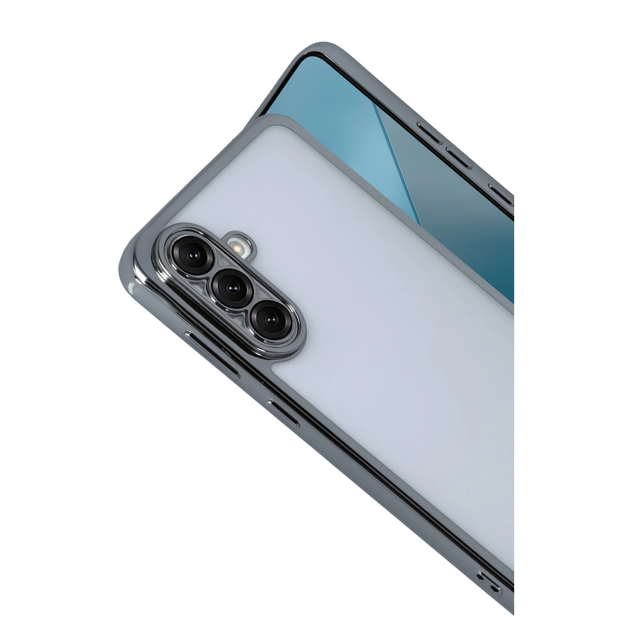 Üç kameralı, gümüş çerçeveli açık mavi bir akıllı telefon.