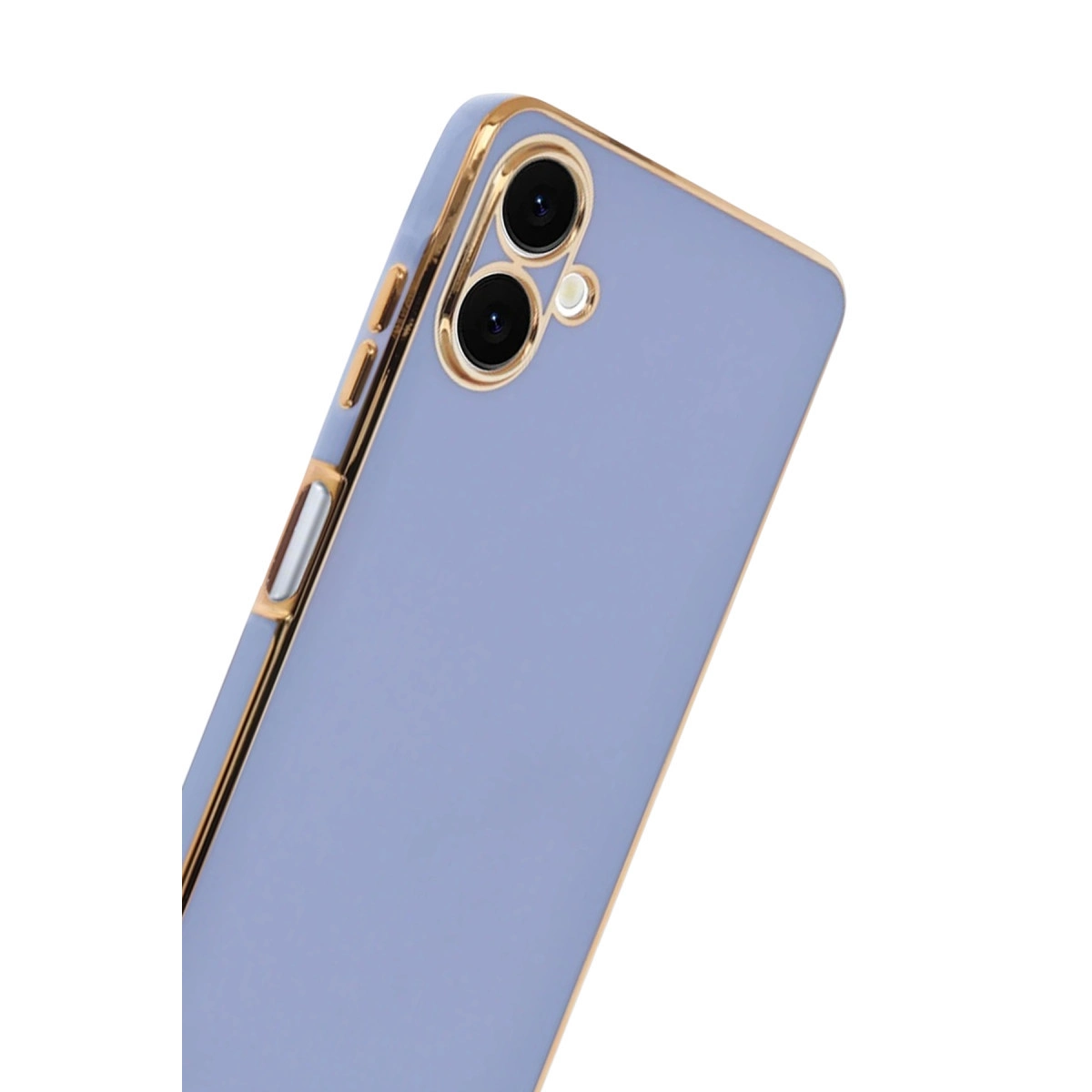 Altın çerçeveli, iki kamera lensli mor telefon kılıfı.