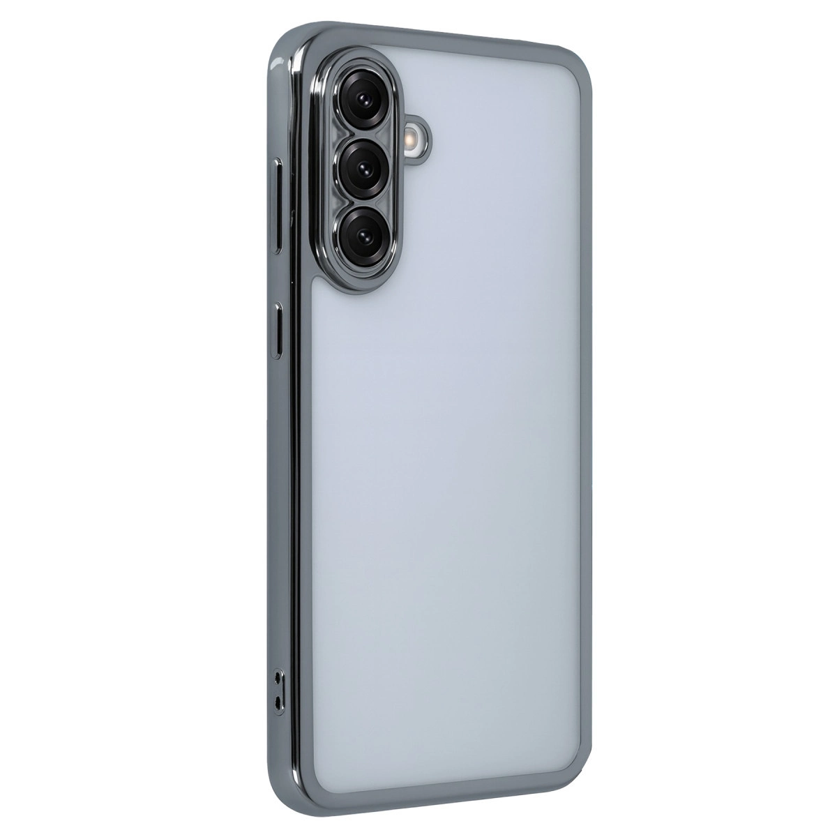 Üç kamera lensli ve flaşlı gümüş telefon kılıfı.