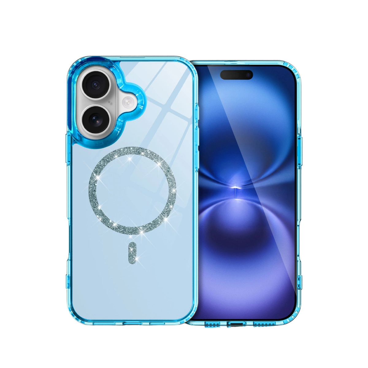 Simli mavi telefon kılıfı ve mavi ekranlı akıllı telefon.