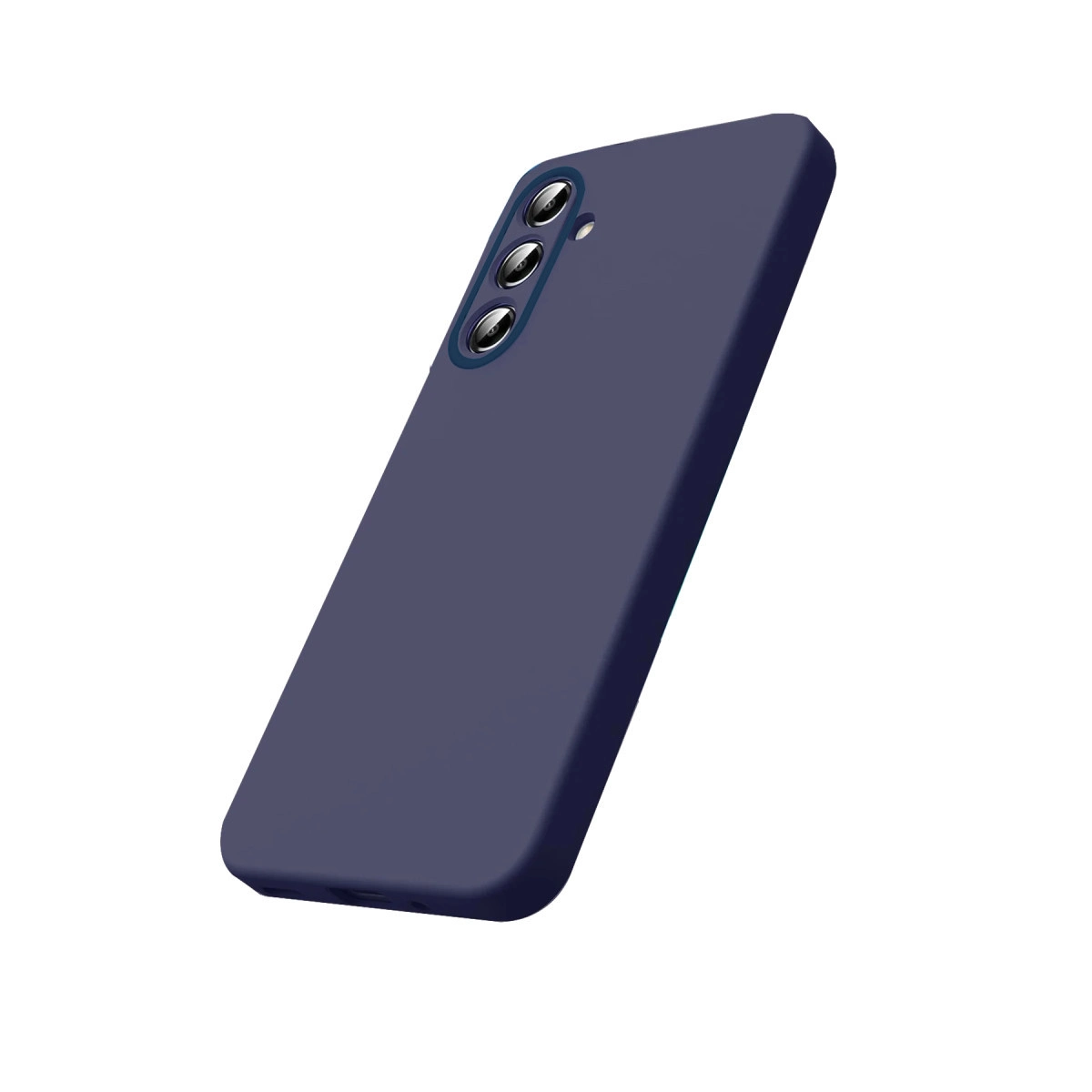 Üç kamera lensli lacivert telefon kılıfı, beyaz arka planda.
