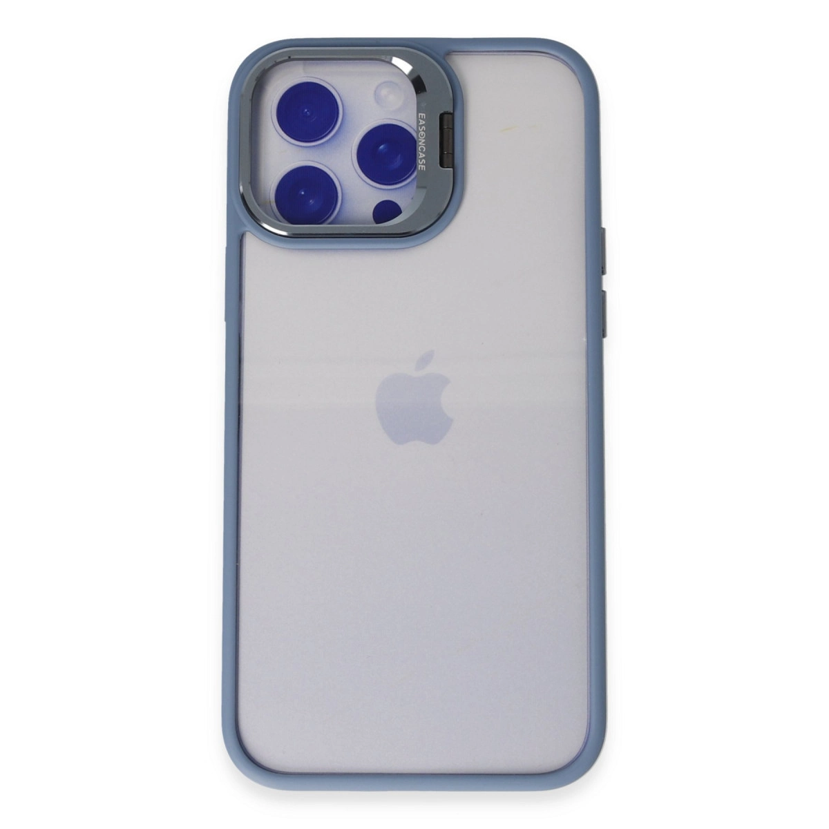 Üçlü kamera sistemli, mavi kenarlı şeffaf iPhone kılıfı.