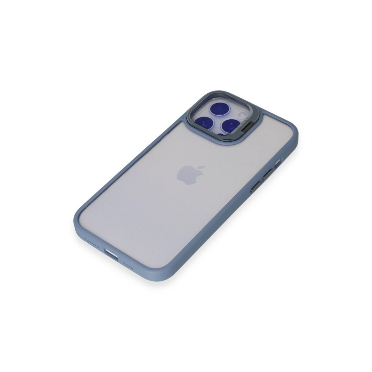 Beyaz zeminde mavi kılıflı mat gri iPhone.