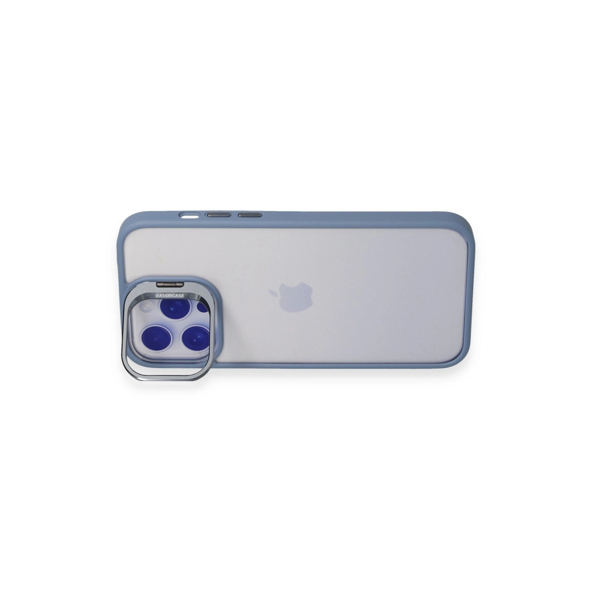Mavi çerçeveli, şeffaf arkalı ve kamera halkalı iPhone.