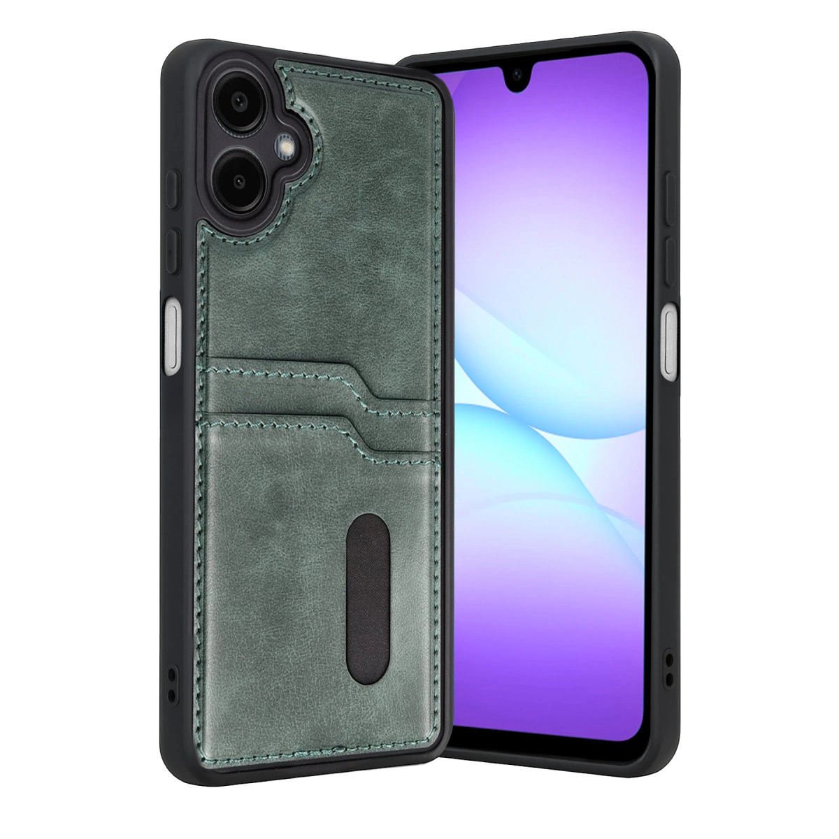 Kart yuvalı ve koyu çerçeveli yeşil telefon kılıfı.