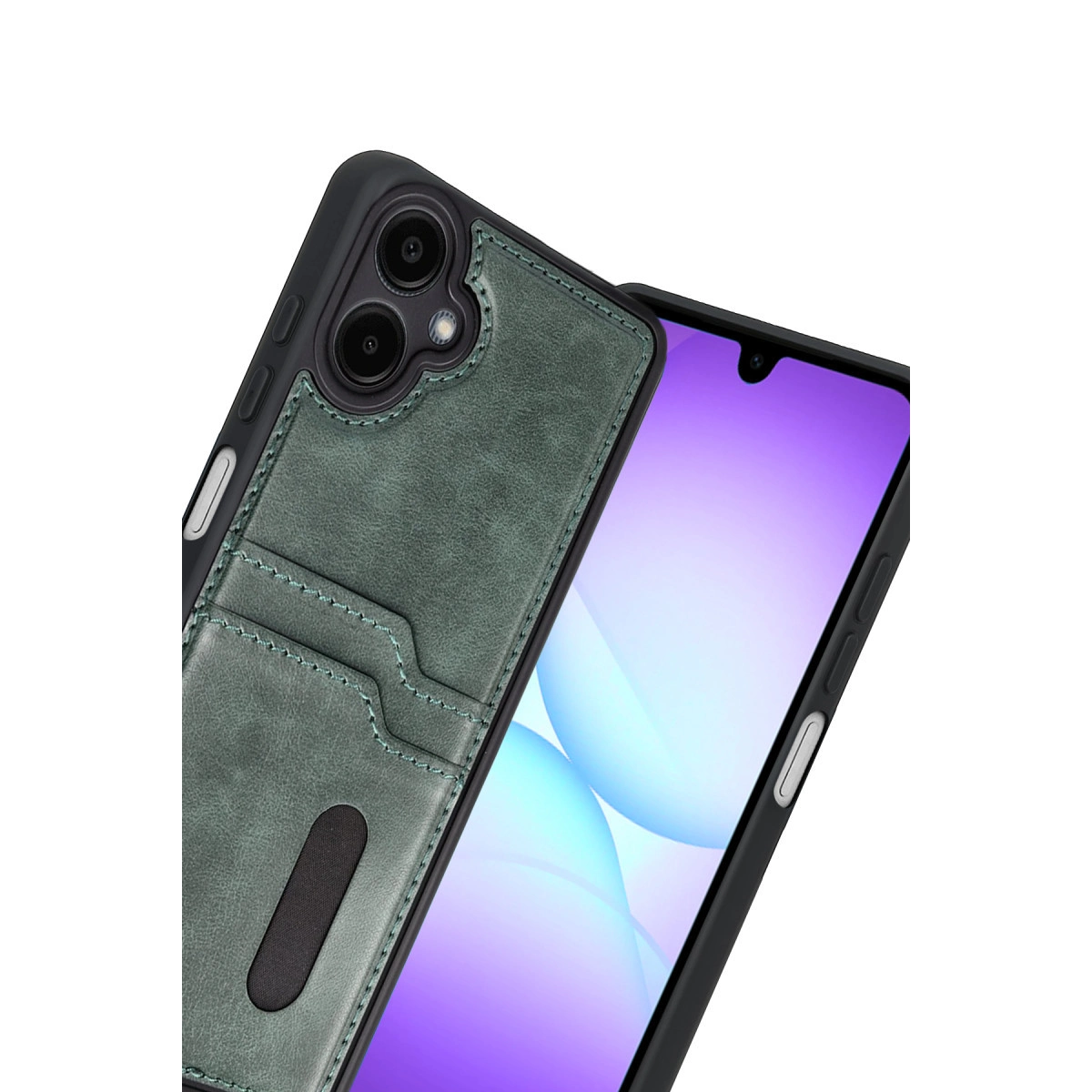 Mor arka plan üzerinde kart yuvaları ve kamera kesiği olan yeşil telefon kılıfı.
