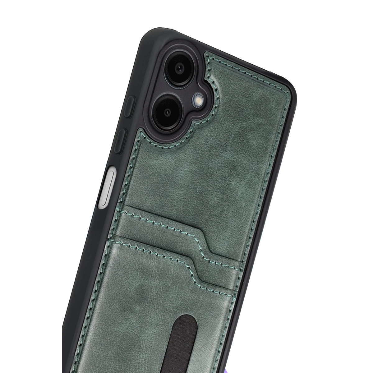 Kart yuvalı ve kamera kesimli yeşil telefon kılıfı.
