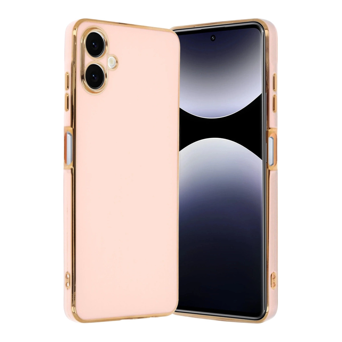 Altın kenarlı, kamera kesimli açık pembe telefon kılıfı.
