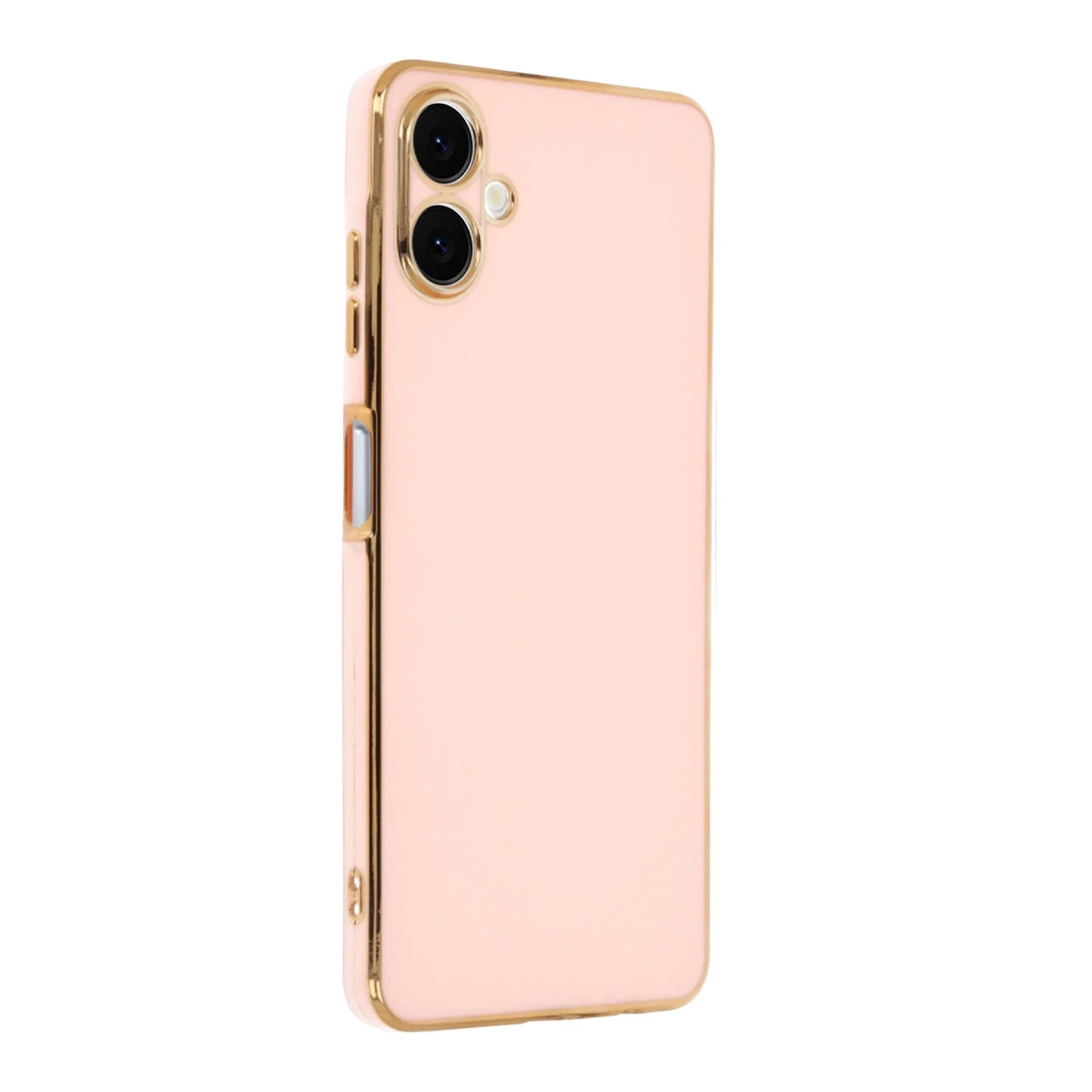 Altın kenarlı ve iki kameralı pembe telefon kılıfı.