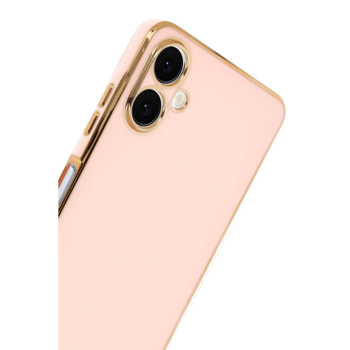 Altın çerçeveli ve iki kamera lensli gül altın rengi telefon kılıfı.