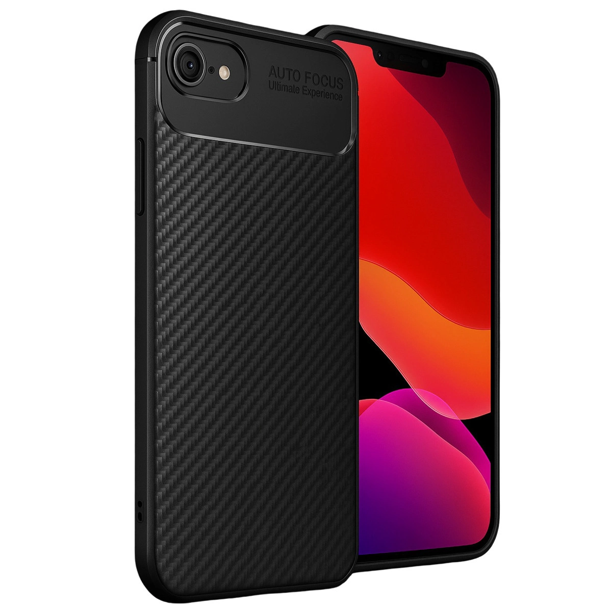 Kırmızı ekranlı akıllı telefonun yanında siyah karbon desenli telefon kılıfı.