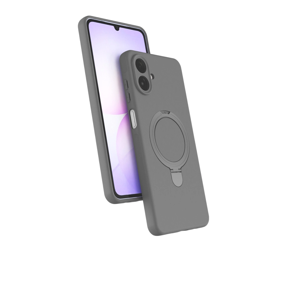 Akıllı telefona takılı halka tutuculu gri telefon kılıfı.