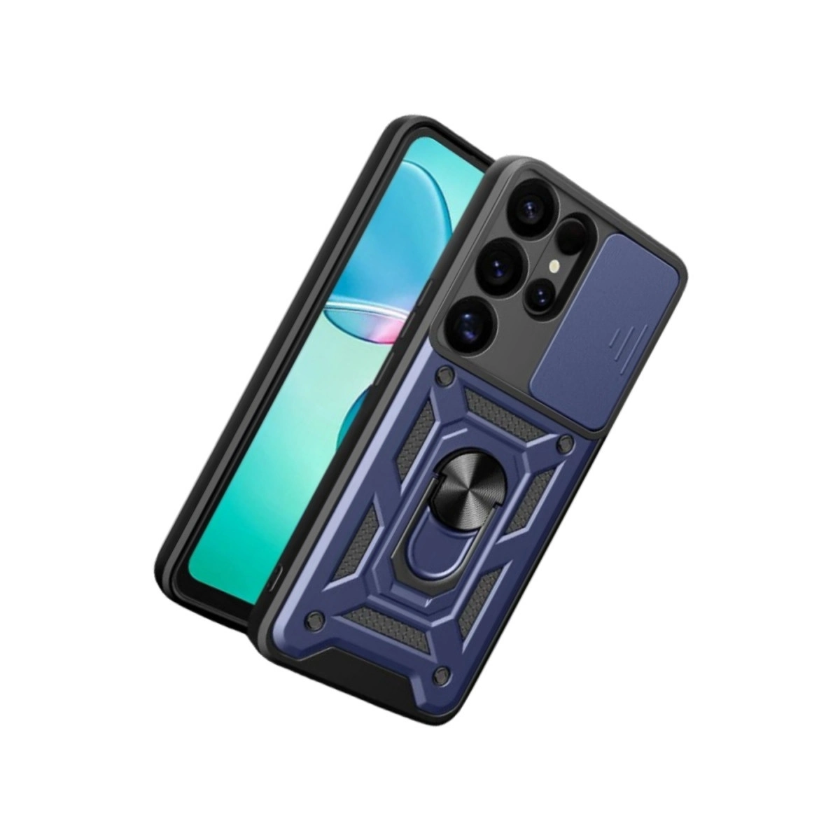 Halka tutuculu ve kamera kapaklı mavi telefon kılıfı.