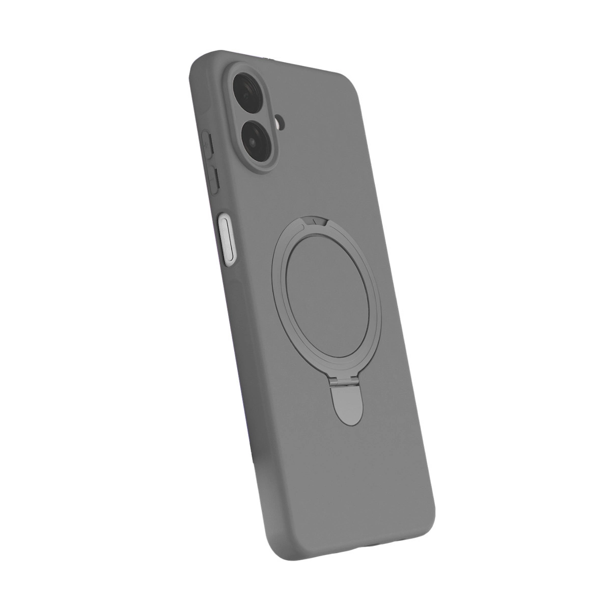 Gri telefon kılıfı, halka tutucu ve çift kamera kesiği bulunur.
