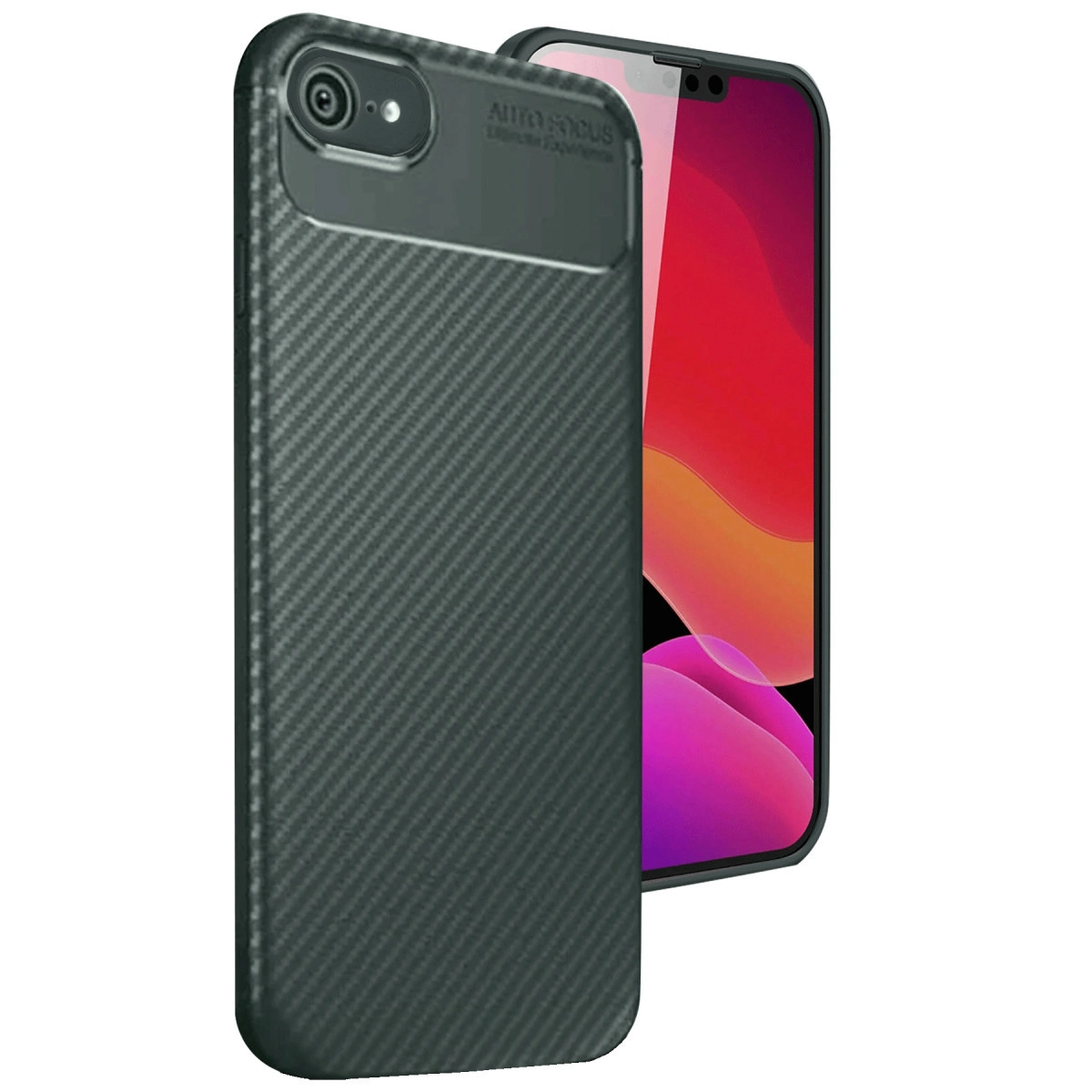 Karbon desenli, kamera oyuklu koyu gri telefon kılıfı.