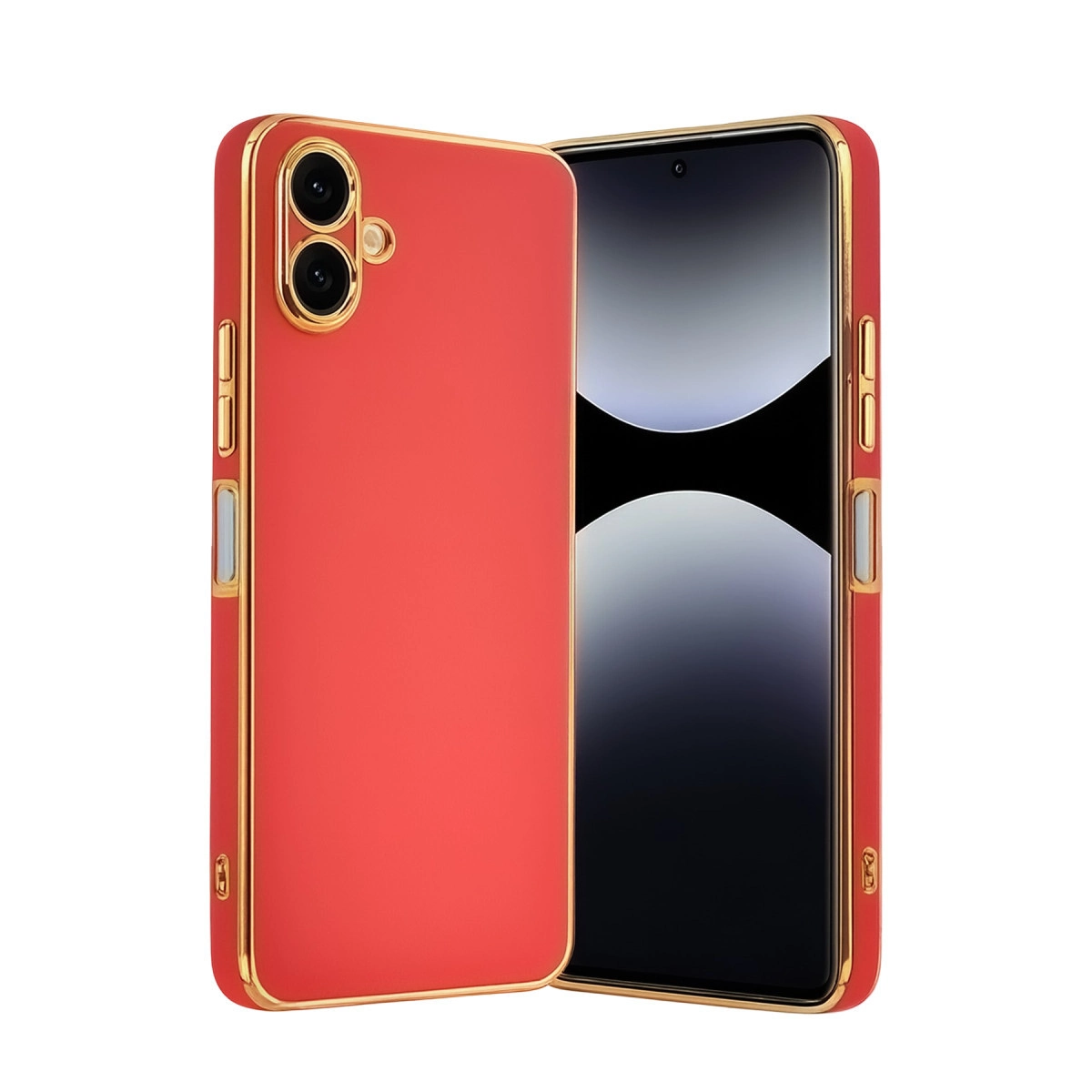 Altın kenarlı kırmızı telefon kılıfı, kamera ve ekran.