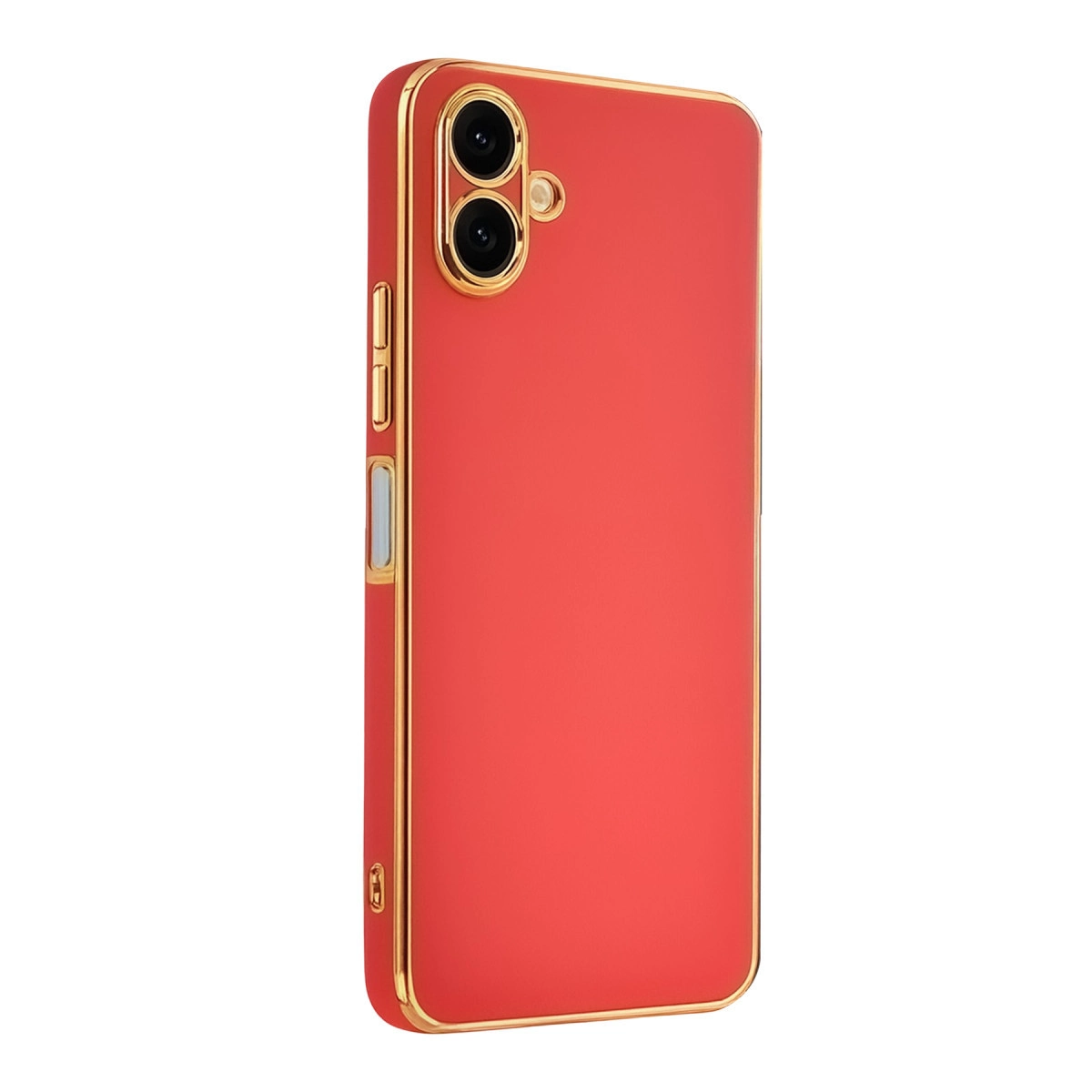 Altın çerçeveli, çift kameralı kırmızı telefon kılıfı.