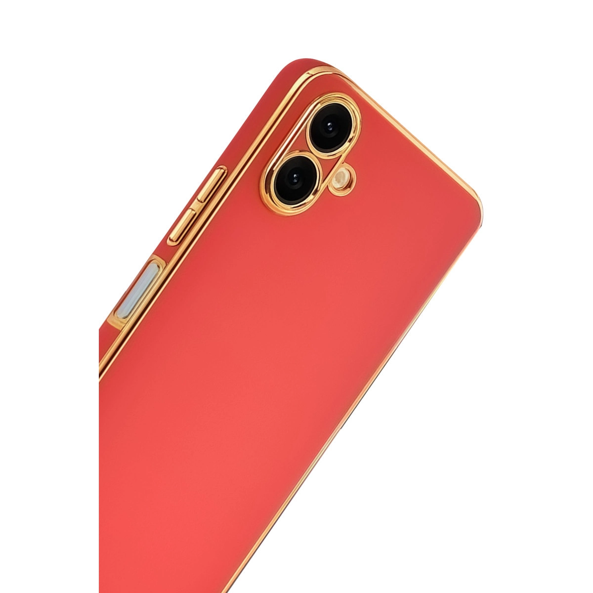Altın çerçeveli ve iki kamera lensli kırmızı telefon kılıfı.