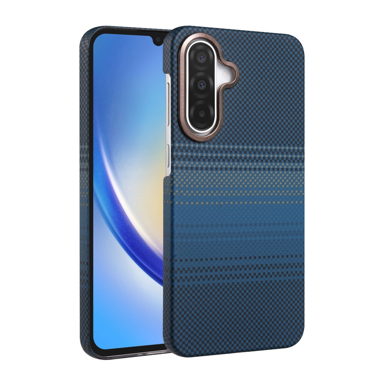 Kareli kılıflı mavi telefon ve kamera lensleri