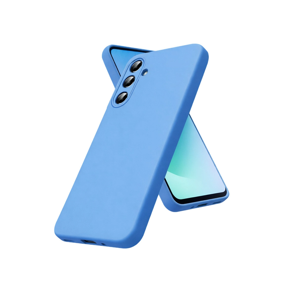 Üç kamera lensli açık mavi telefon kılıfı, telefonda gösteriliyor.