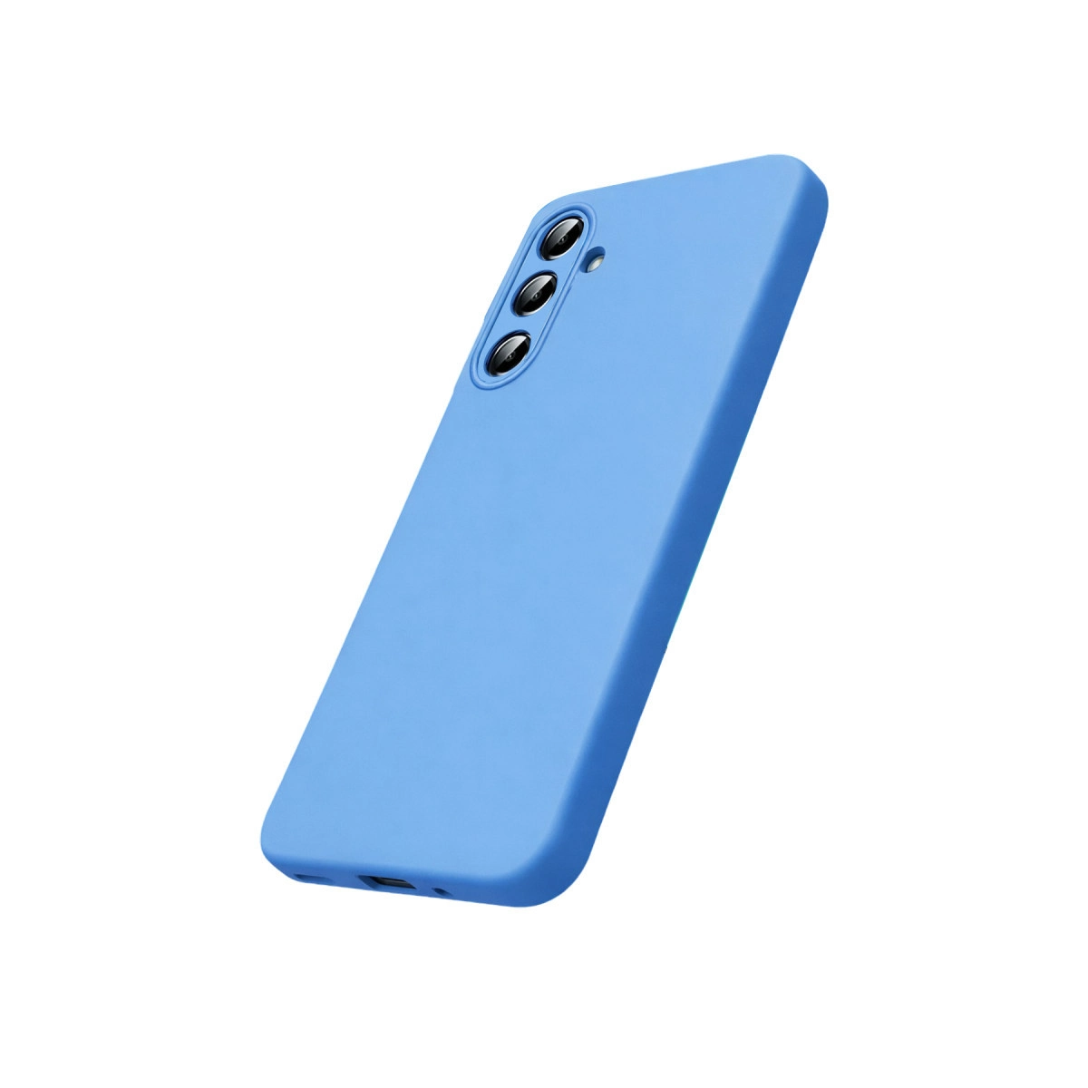 Arkada üç kamera lensi bulunan açık mavi telefon kılıfı.