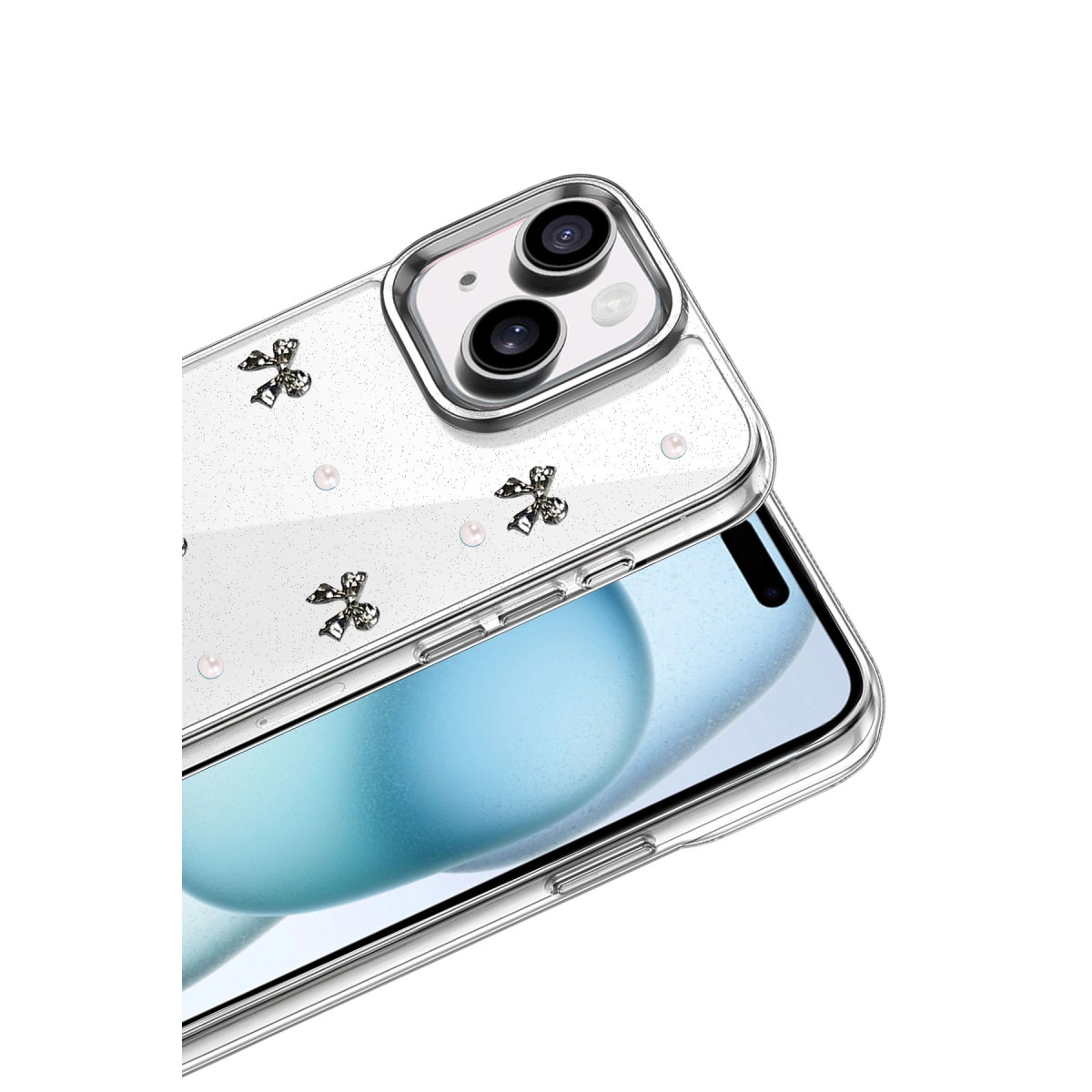 Telefon için sim, inci ve fiyonk detaylı şeffaf kılıf.