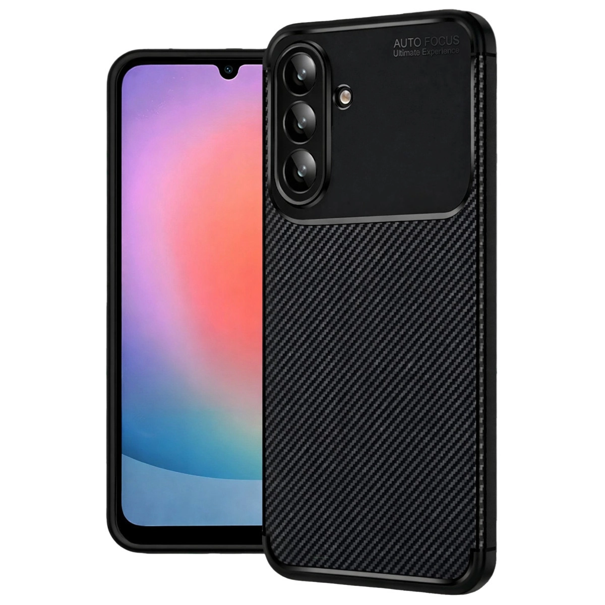 Karbon fiber desenli kılıflı siyah akıllı telefon ve üç kamera.