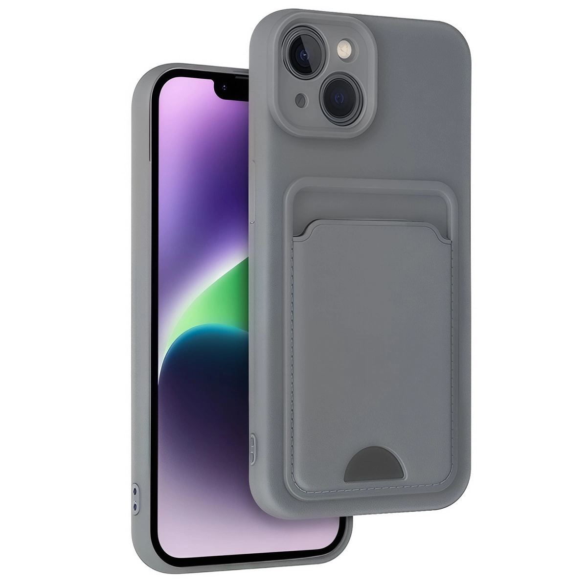 Kredi kartı bölmeli, çift arka kameralı gri iPhone kılıfı.