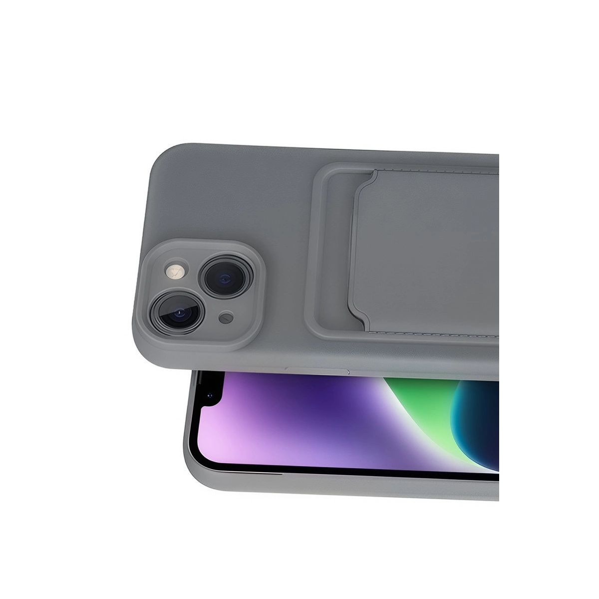 Kamera modülü ve kart yuvalı gri telefon kılıfı.